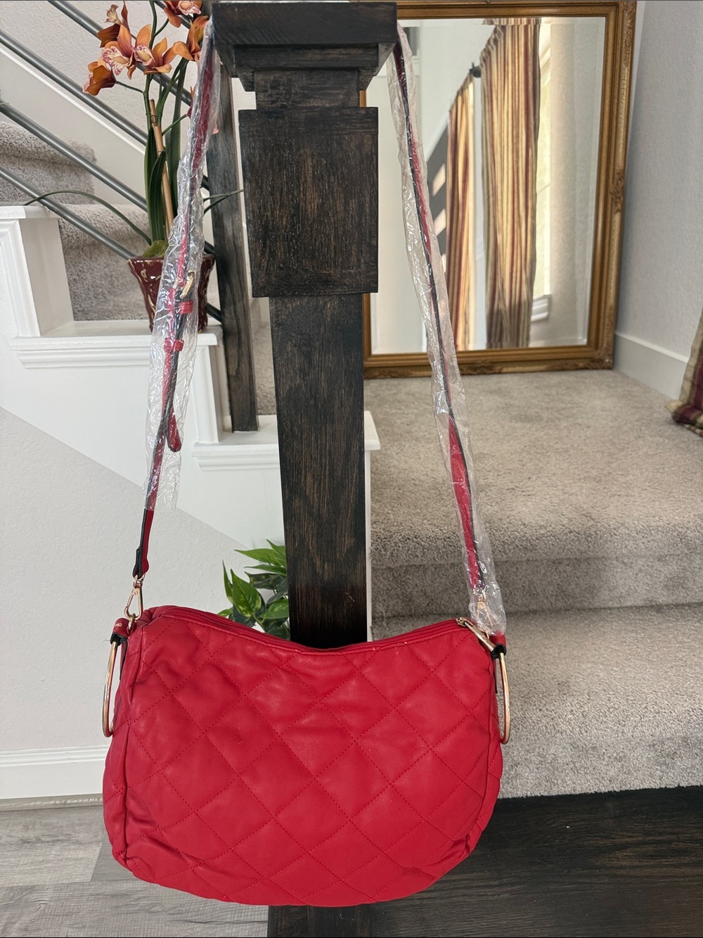 Source Unknown Red Quilted Shoulder Bag with Gold Rings